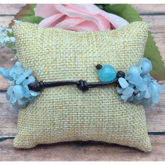 Muti Strand Natural Blue Aquamarine Chip Stone Bracelet Boho Hippie Nature Lover - Picture 4 of 9